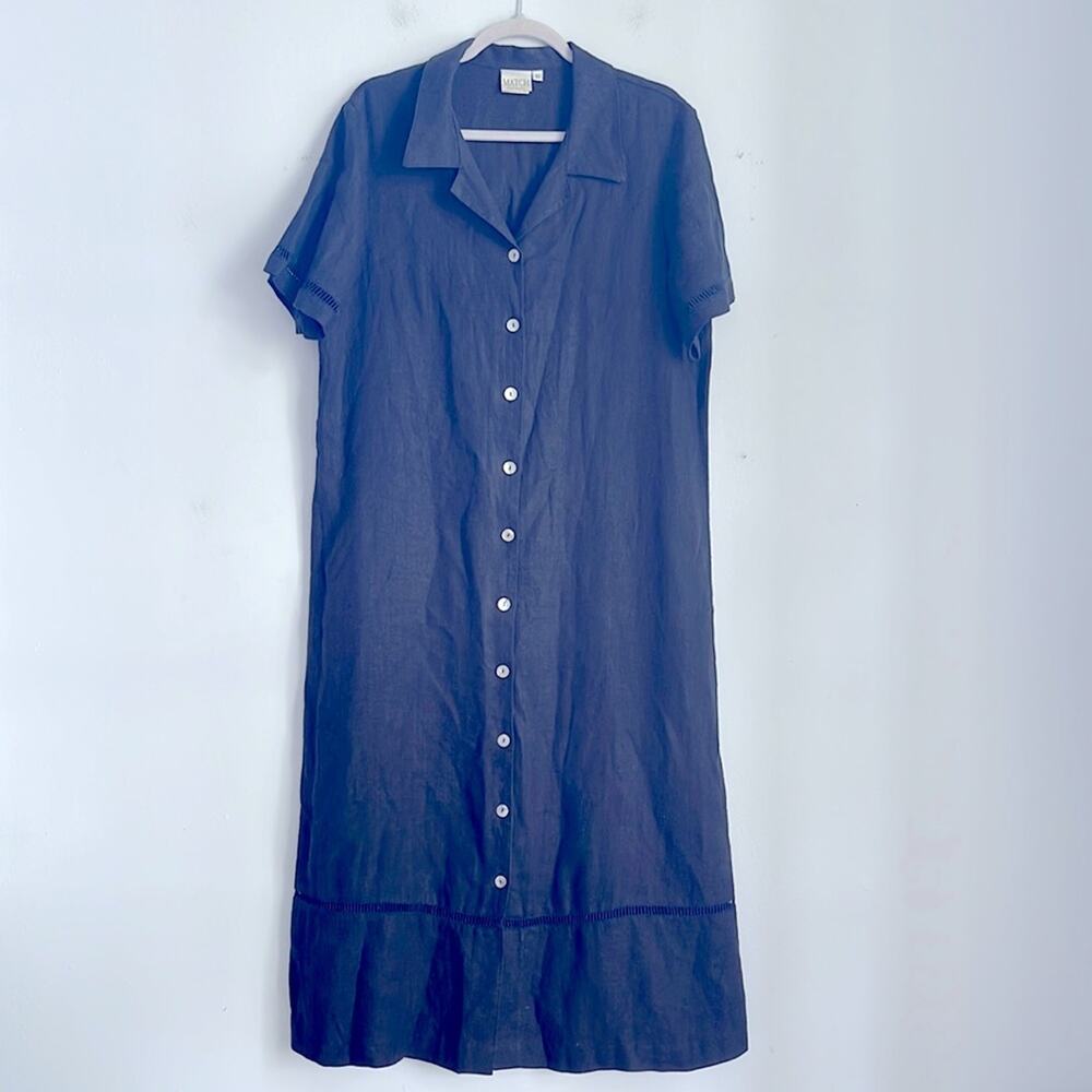Vintage MATCH 100% linen short sleeve button down lagenlook maxi dress sz 10
